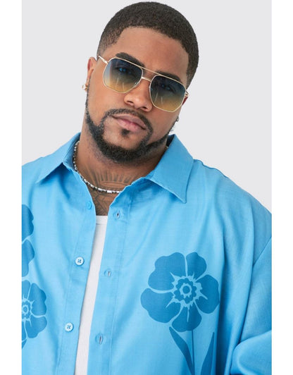 Booh Oob Man Pale Blue Tonal Floral Linen Look Long Sleev Shirt Pant 5045744680182