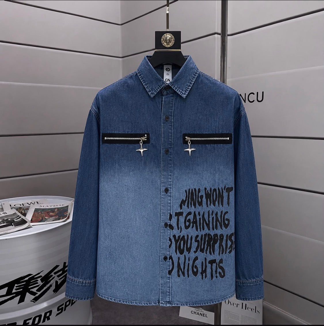 Gunot Fashion Blue Colour Black  Print Zip Pocket Full Sleeve Imported Men’s Shirt 2008