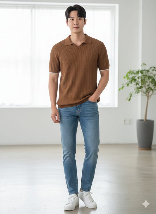 BUSA Brown Colour Knitted Premium Quality Unisex V Neck With Collar T-Shirt 2702