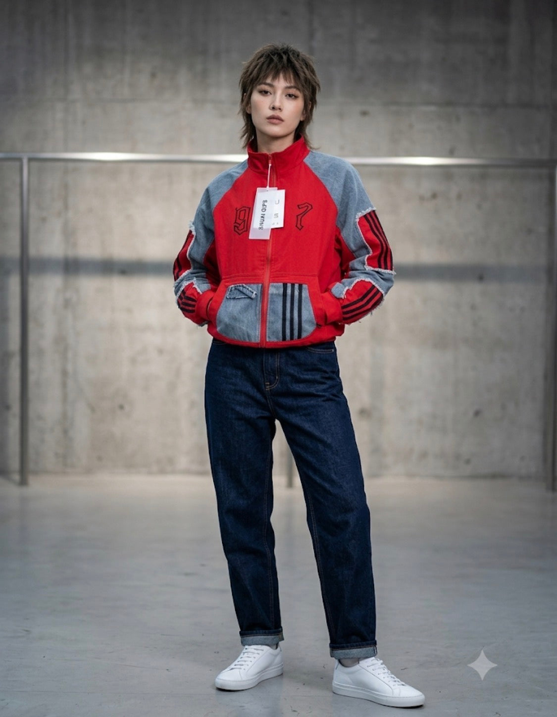 SHUAI QIFS 97 Red Colour With Rugged Blue Denim Design Premium Quality Unisex Jacket 268-15