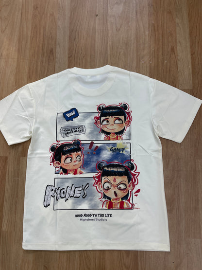 Qingfuzhi Cream Colour Ryoney Print Premium Quality Round Neck T-Shirt k89930