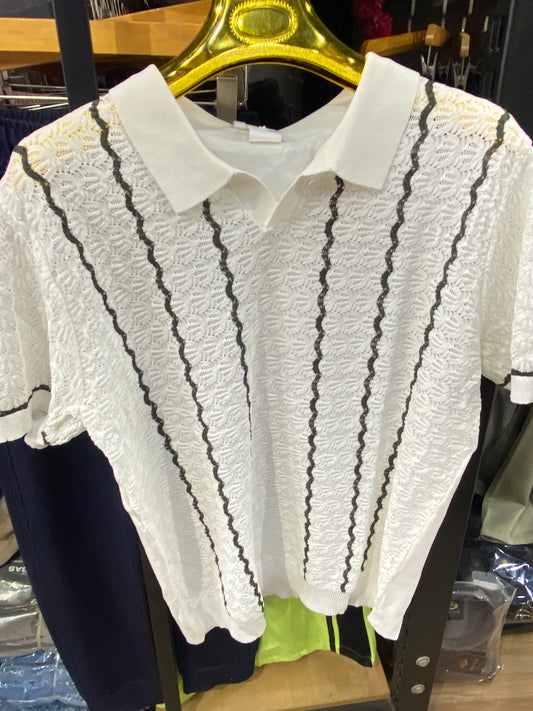 PERFECT FUSION  White Black Colour With knitted Designs Premium Quality Collar Tshirt H9603