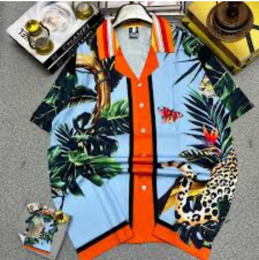 Blue Orange Black Colour Printed Premium Quality Half Sleeve Shirt 2809