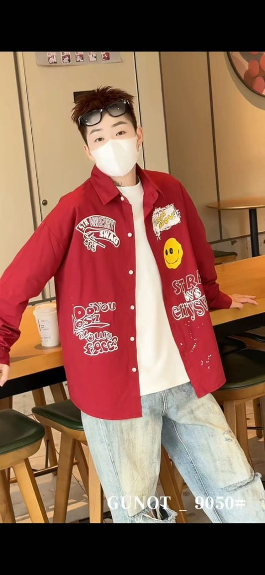 G.N Red Colour YAAA HOOU  Printed Oversized Men’s Shirt 9050