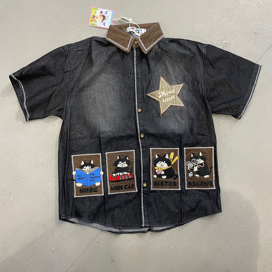 3MODE SISTER Grey Denim With Brown Coller Star Cartoon Patch Print Imported Unisex Shirt 204