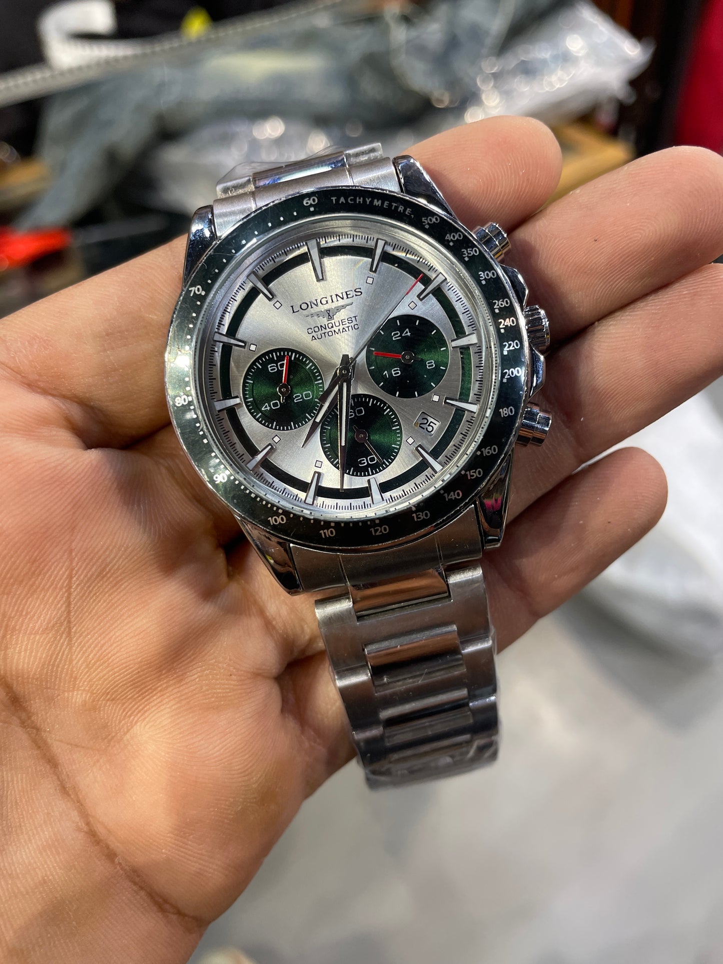 NOL LON Silver Chain With Green And Silver Dial Chronograph Automatic Premium Mens Watch 990691