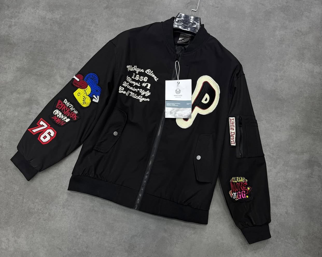 MICHIGAN BISONS Black Colour Multi Patches Unisex Bomber Jacket 2559