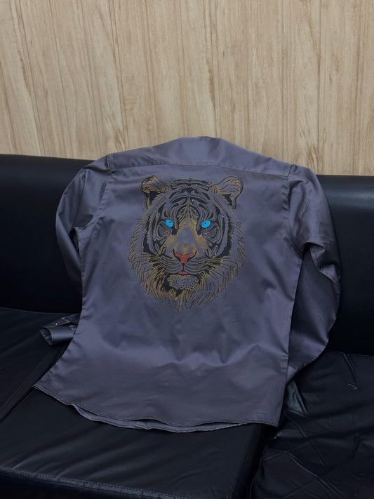AQUARIUS  Grey Colour Tiger Black Gold Stud Design Premium Quality Full sleeve Shirt 2507