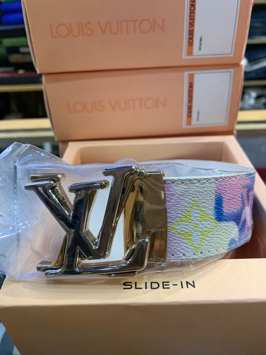 UOL LOU Golden Silver Buckle White Pink Blue Printed Double Side Strap Unisex Belt 989891