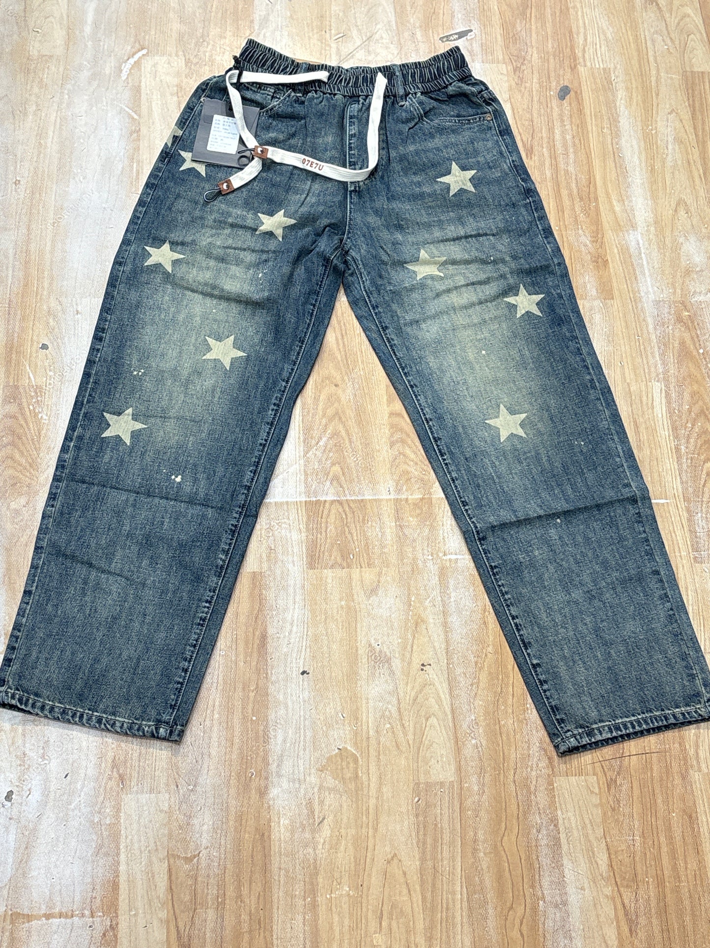 Xingzhujiao 07E7U Blue Green Star Print Baggy Fit Jeans 1986