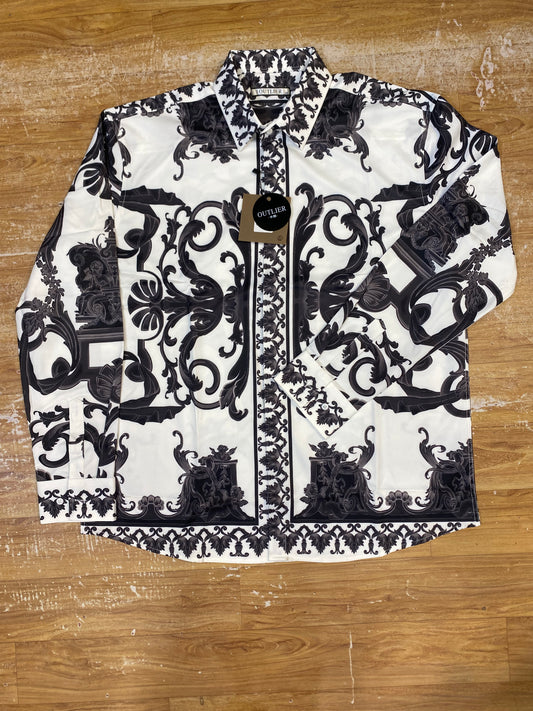 Outlier White Shirt Black Flower Print Premium Quality Full Sleeve Shirt 25636#