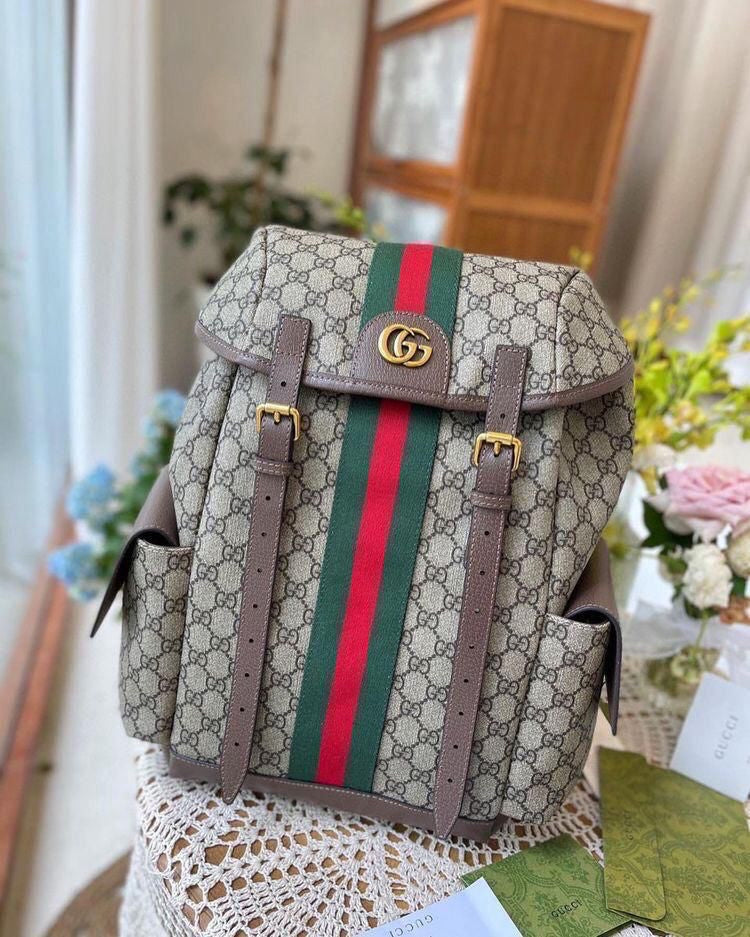 Cug Apricot Colour Gg Print Green Red Strip Unisex Backpack 43267