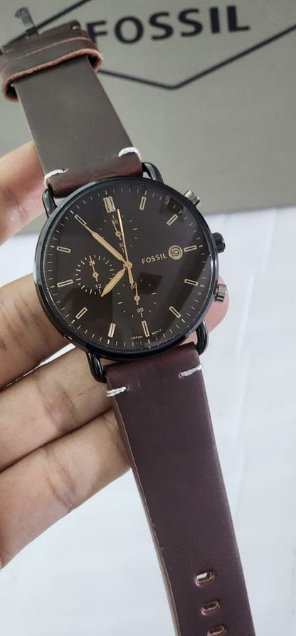 Sof Brown Leather Strap Black Copper Dial Chrono Men’s Watch