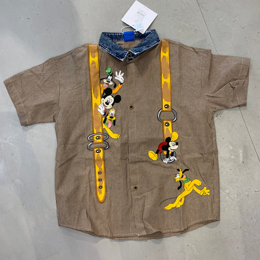 CHLEN/RTEEL Brown Lining With Denim Micky Cartoon Print Half Sleeve Imported Oversized Unisex Shirt HY528