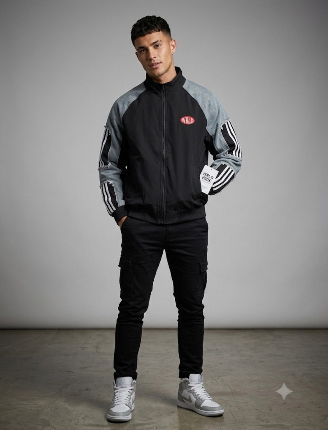WRLD Black Colour With Rugged Blue Denim Design Premium Quality Unisex Jacket 268F-38