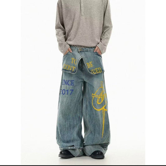 Yilufa Faded Blue Colour Be Nued Print Panted  Baggy Fit Unisex Imported Denim jeans H10