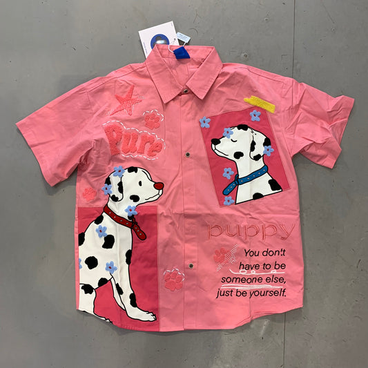 CHLEN/RTEEL Pink Colour Pure Puppy Print Half Sleeve Imported Oversized Unisex Shirt Yh971