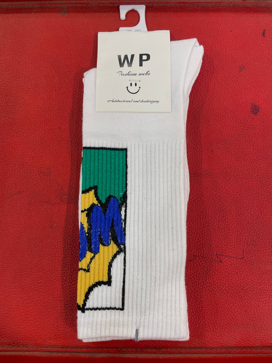 WP White Colour With Green Blue Print Premium Quality Full Socks 990063