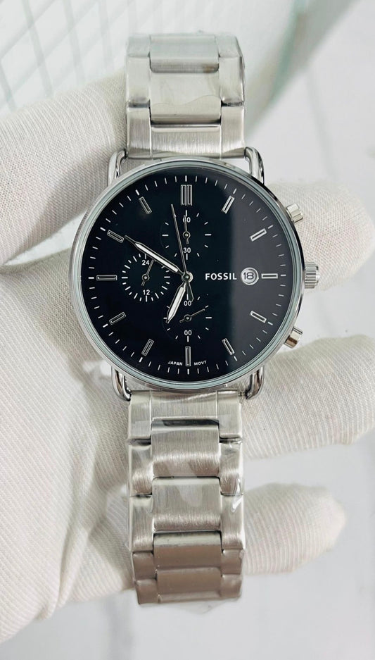 SOF FOS Silver Chain Black Dial Chronograph Working Men Watch 990823