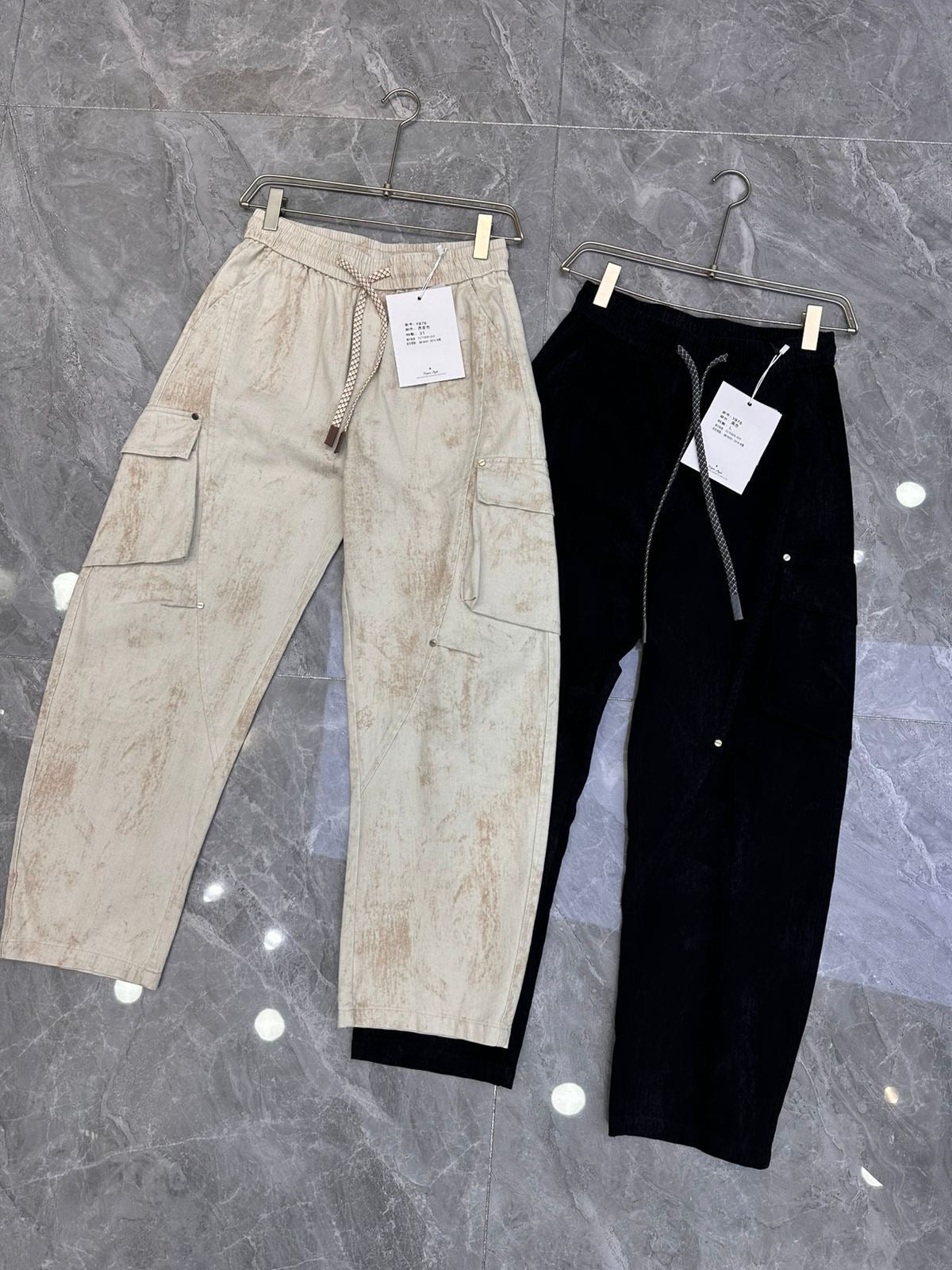 YZY Korean Style Faded Cream Baggy Fit Denim Cargo Pants Y876