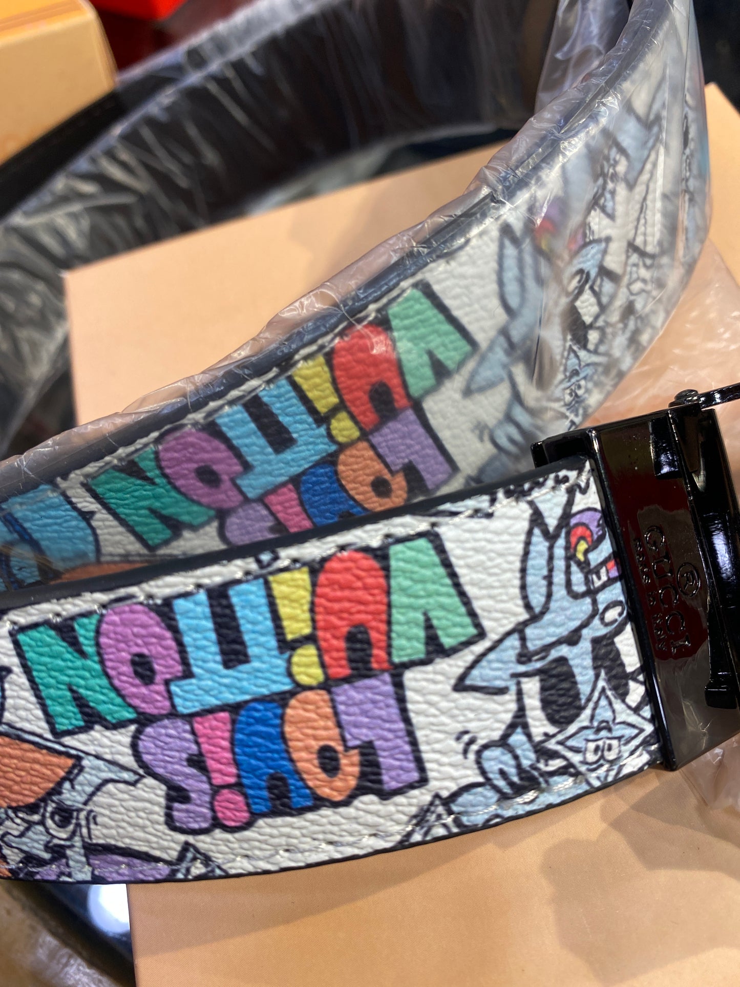 UOL LOU Black Buckle White Multi colour Printed Double Side Strap Unisex Belt 989927