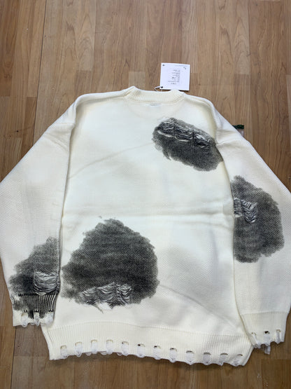 Important Ripped Crew Neck Knit Sweater Loose Fit White Colour K9078