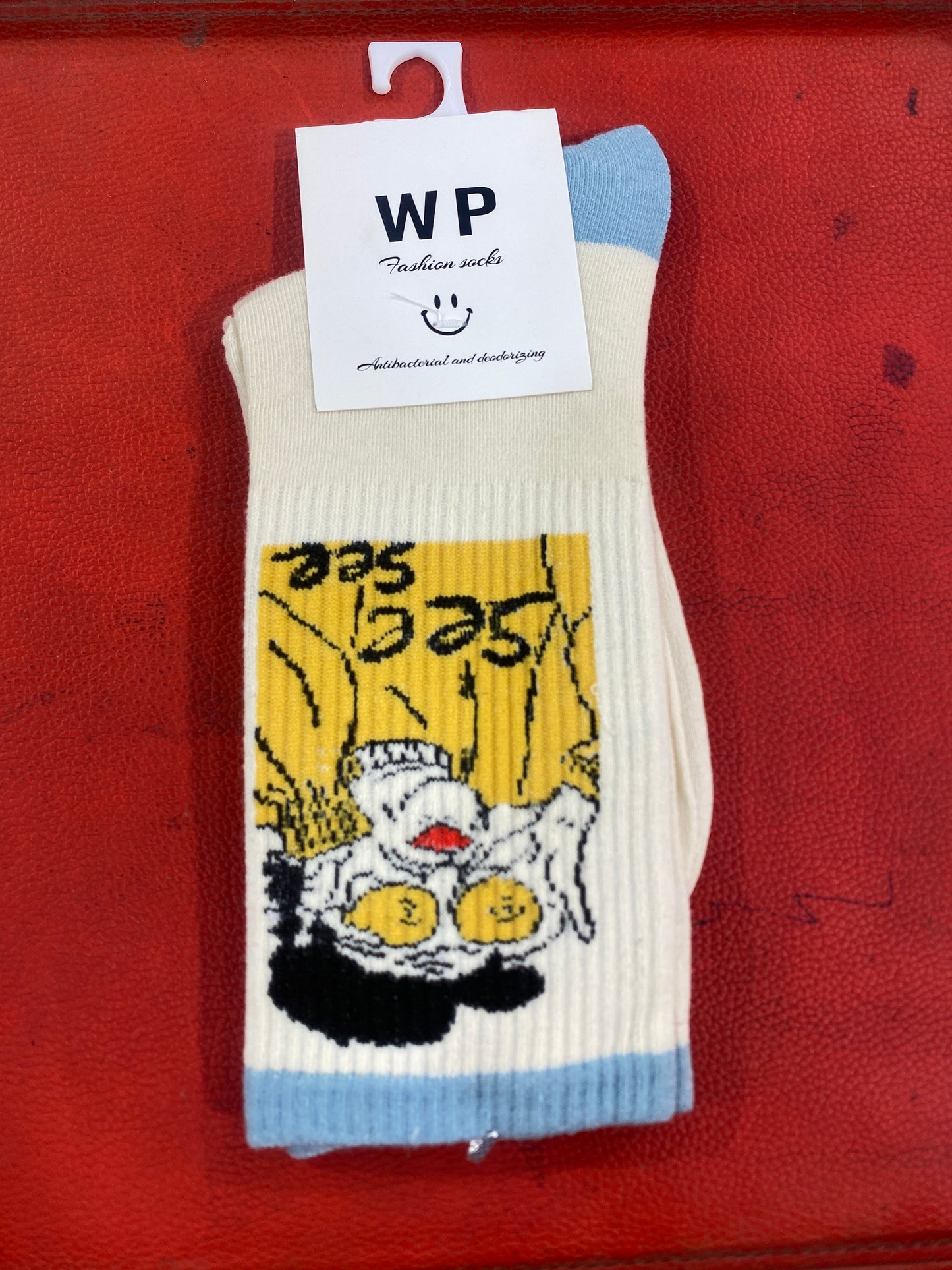 WP Cream And Blue Colour With Face Print Premium Quality Full Socks 990067