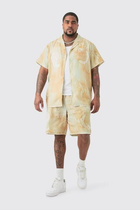 Booh Oob Man Green Golden Linen Look Tie Dye Paisley Embroidery Shirt Short 5045744680984