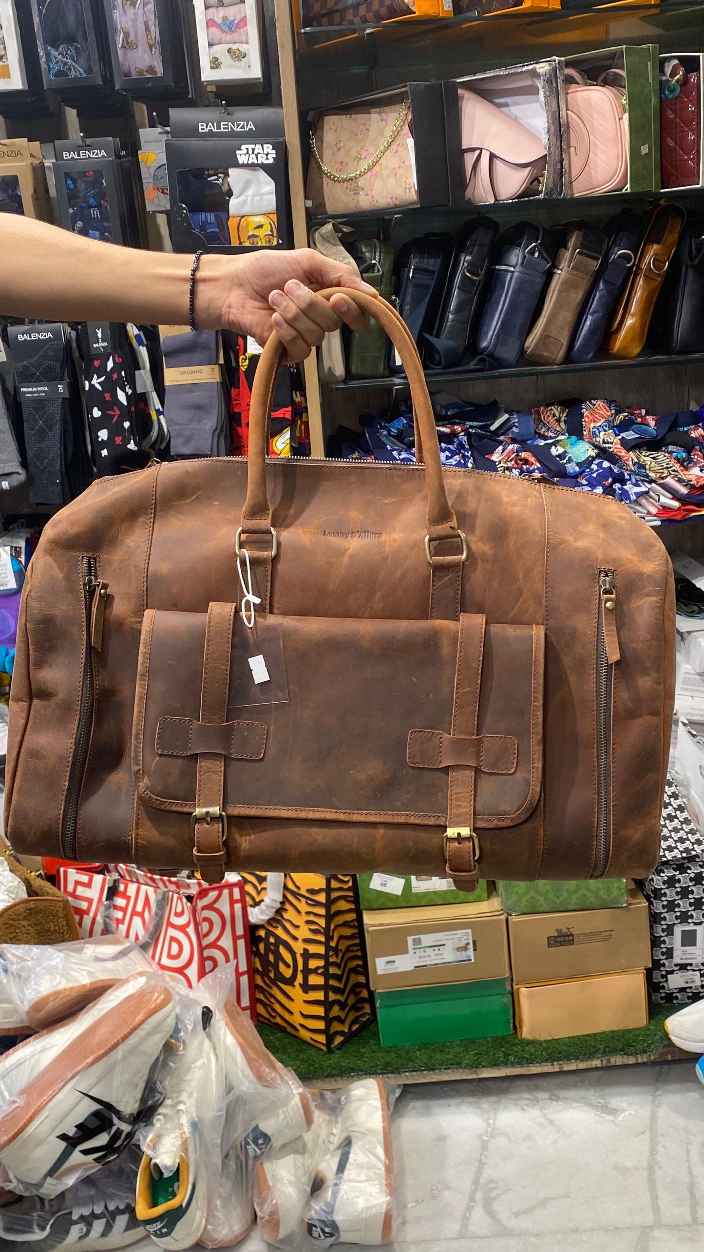 Tan LDA Genuine Leather Big Size Travelling Duffle Bag 988097