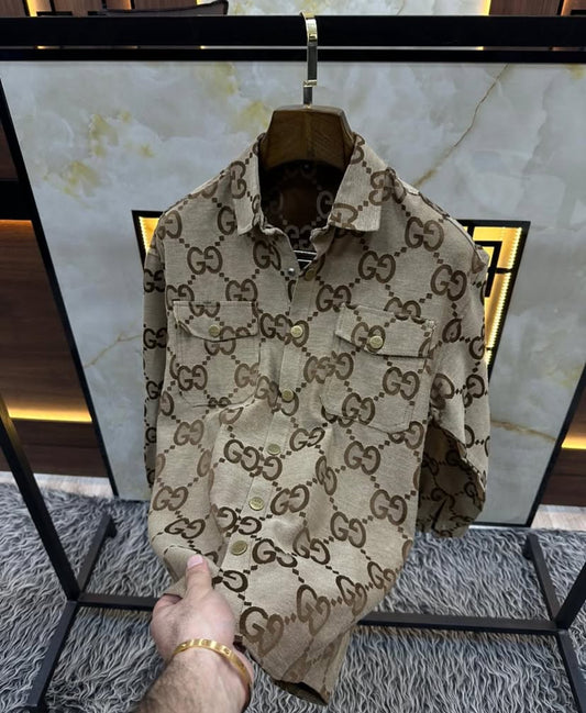 CUG GUC Beige Colour With GG Print Full Sleeve Shacket Shirt 989548