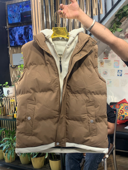 HOUTAOCHUANQI Brown Cream Colour Half Puffer Jacket 28399