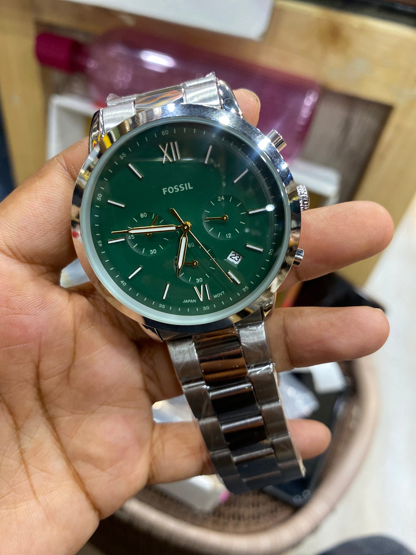 Sof Silver Chain Green Dial Chronograph Working Men Watch 989292