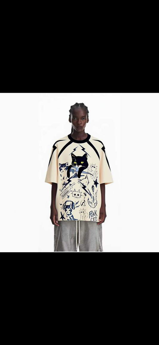 M Four Cream Colour Front Cat Print Baggy Look T-Shirt 26ss-019