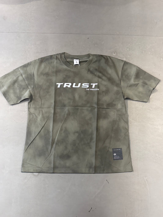 Fashion Green Colour Acid Wash Trust The Process Round Neck Tshirt 3918