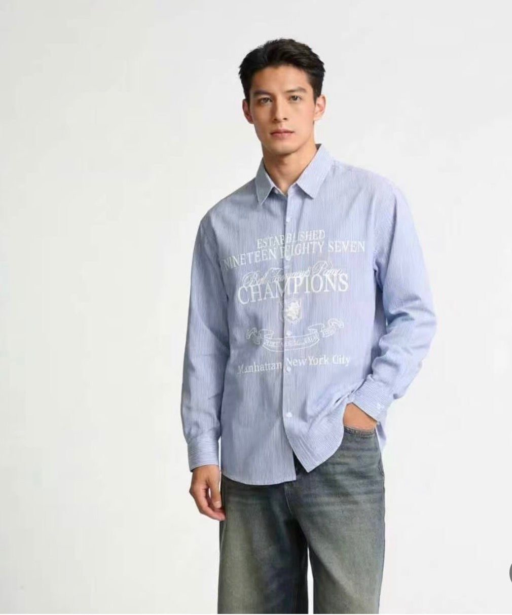 F&F Blue Colour White Lining Champions Print Premium Quality Full sleeve Imported Shirt F074