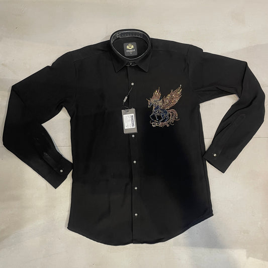 AQUARIUS Black Colour Unicorn Gold Blue Stud Design Premium Quality Full sleeve Shirt 2577