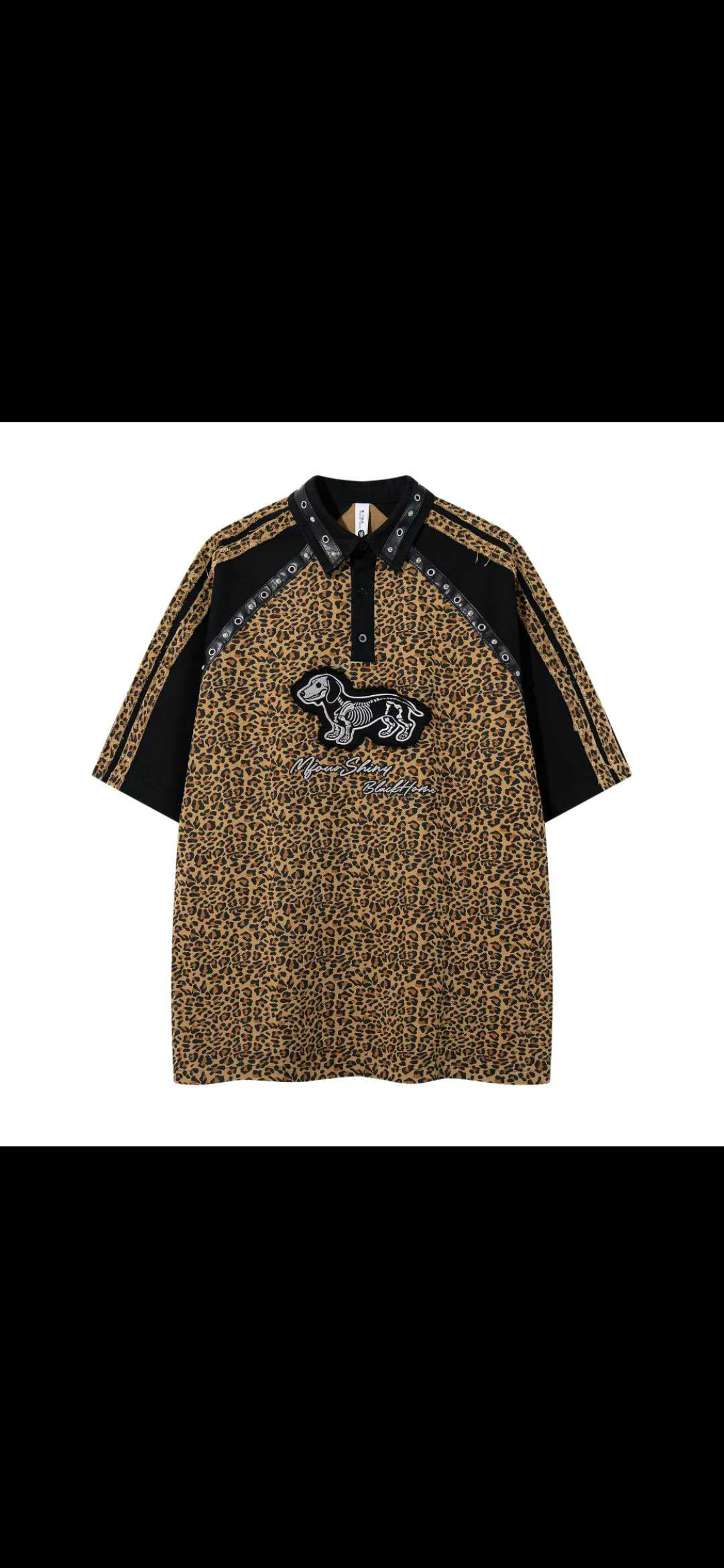 M Four Brown Leopard Colour Front Dog Embroidery Black Half Sleeve Baggy Fit T-Shirt 26SS-069