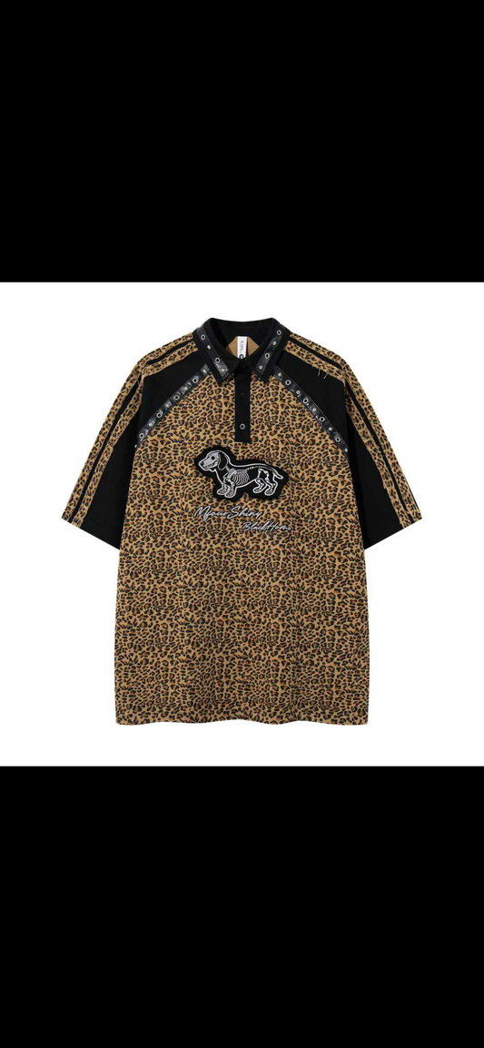 M Four Brown Leopard Colour Front Dog Embroidery Black Half Sleeve Baggy Fit T-Shirt 26SS-069