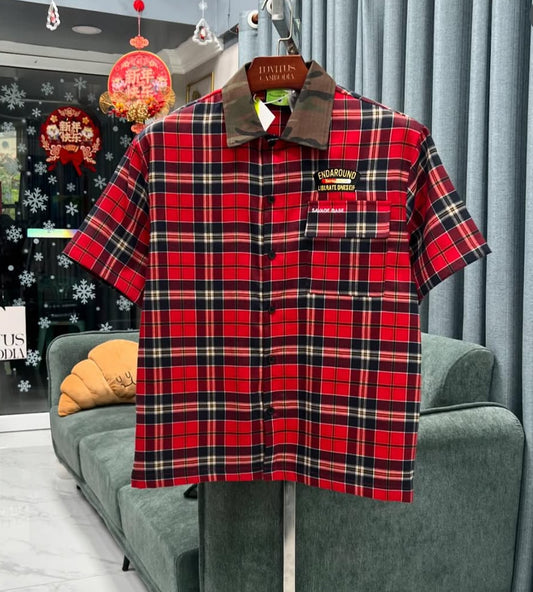 SAVAGE BASE ENDAROUND Patch Red Blue Check With Military Collar Half Sleeve Imported Unisex Shirt YR9360