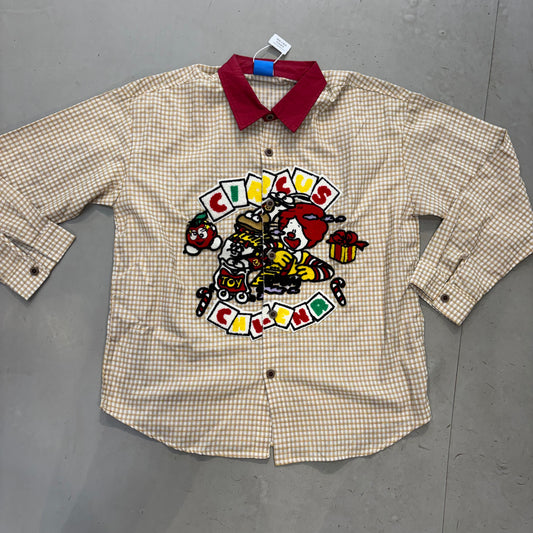 CHLEN RTEEL Cream Beige Check Red Coller With Circus Embroidery Imported Oversized Unisex Shirt HY079