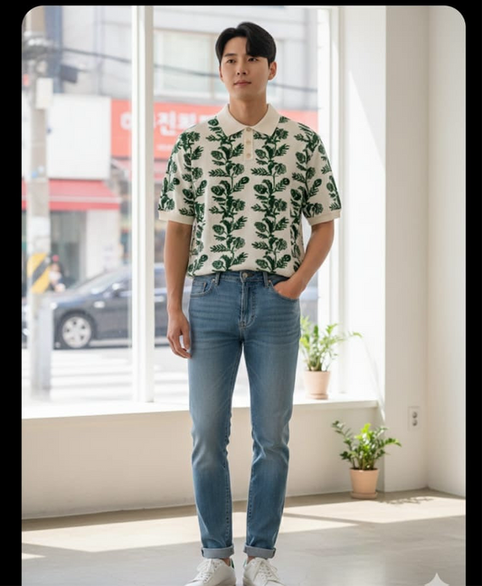 BUSA White Colour With Green flower Premium Quality Unisex Collar T-Shirt 2103