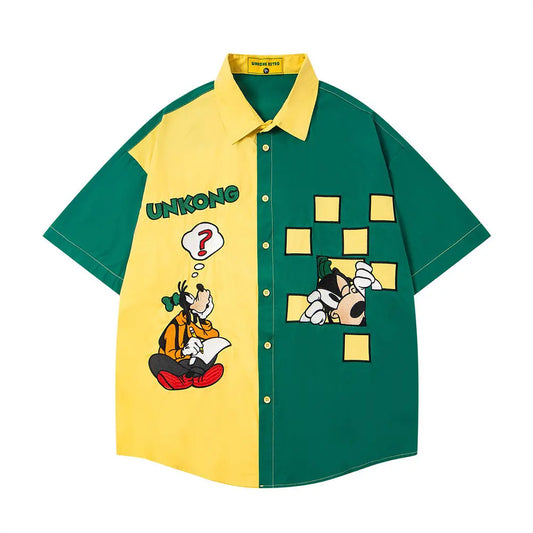 UNKONG RETRO Green Yellow Colour UNKONG Cartoon Print Half Sleeve Imported Oversized Unisex Shirt 2609