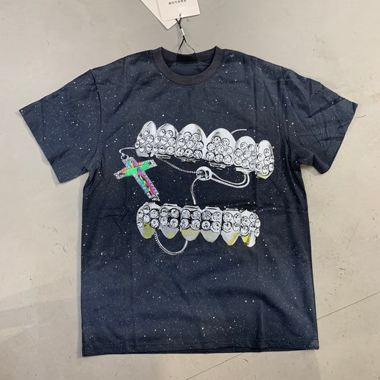 MYSTIC Dark Grey Colour Grey Print With Sparkle Premium Quality Imported Oversized Unisex T Shirt 990390
