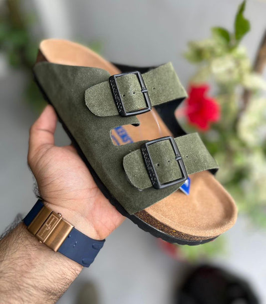 RIB Green Suede Brown Colour Leather Slipper 988114