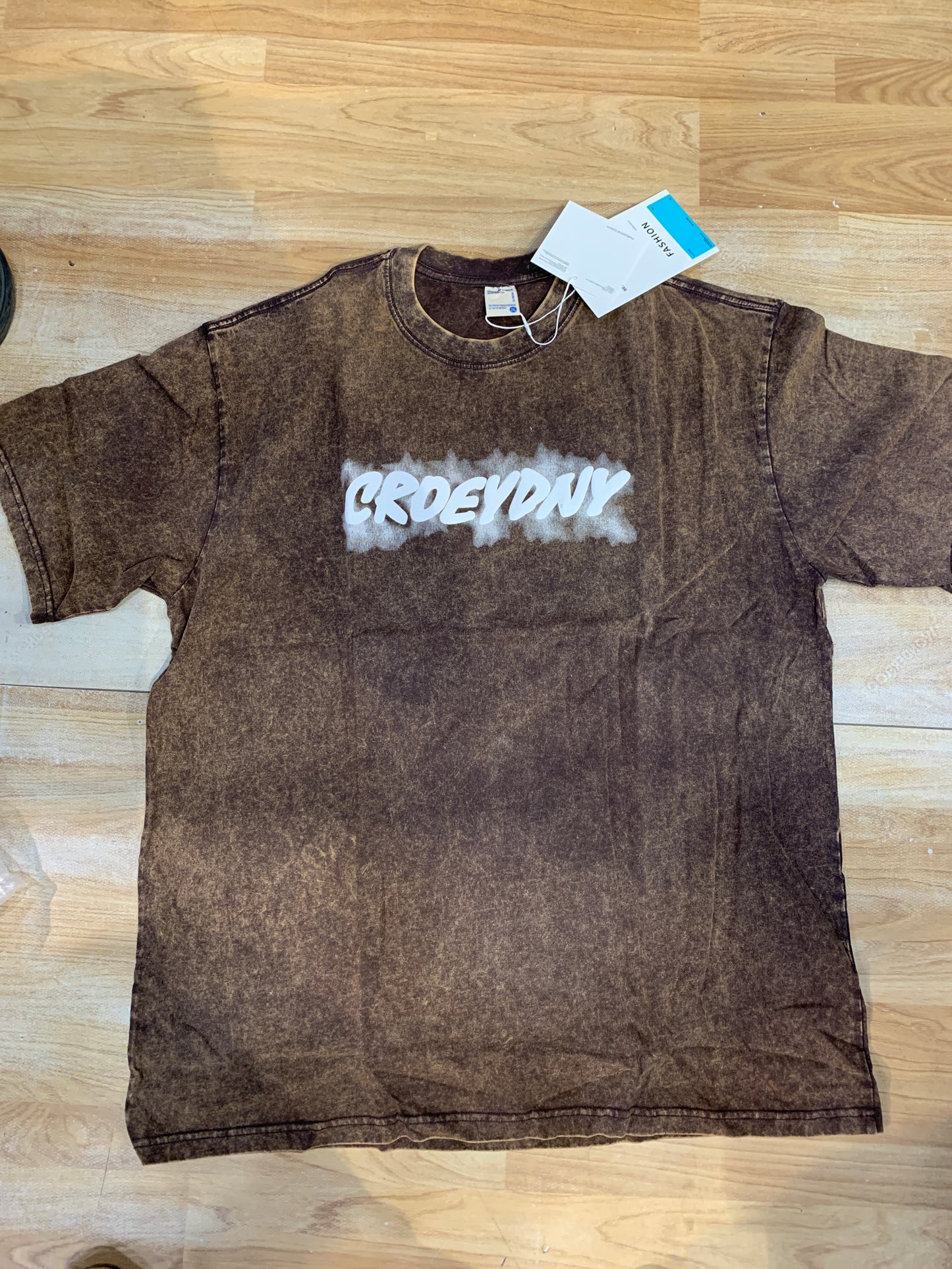 UNUSUAL Brown Colour Faded Denim Style Printed Unisex Oversized T Shirt 86126