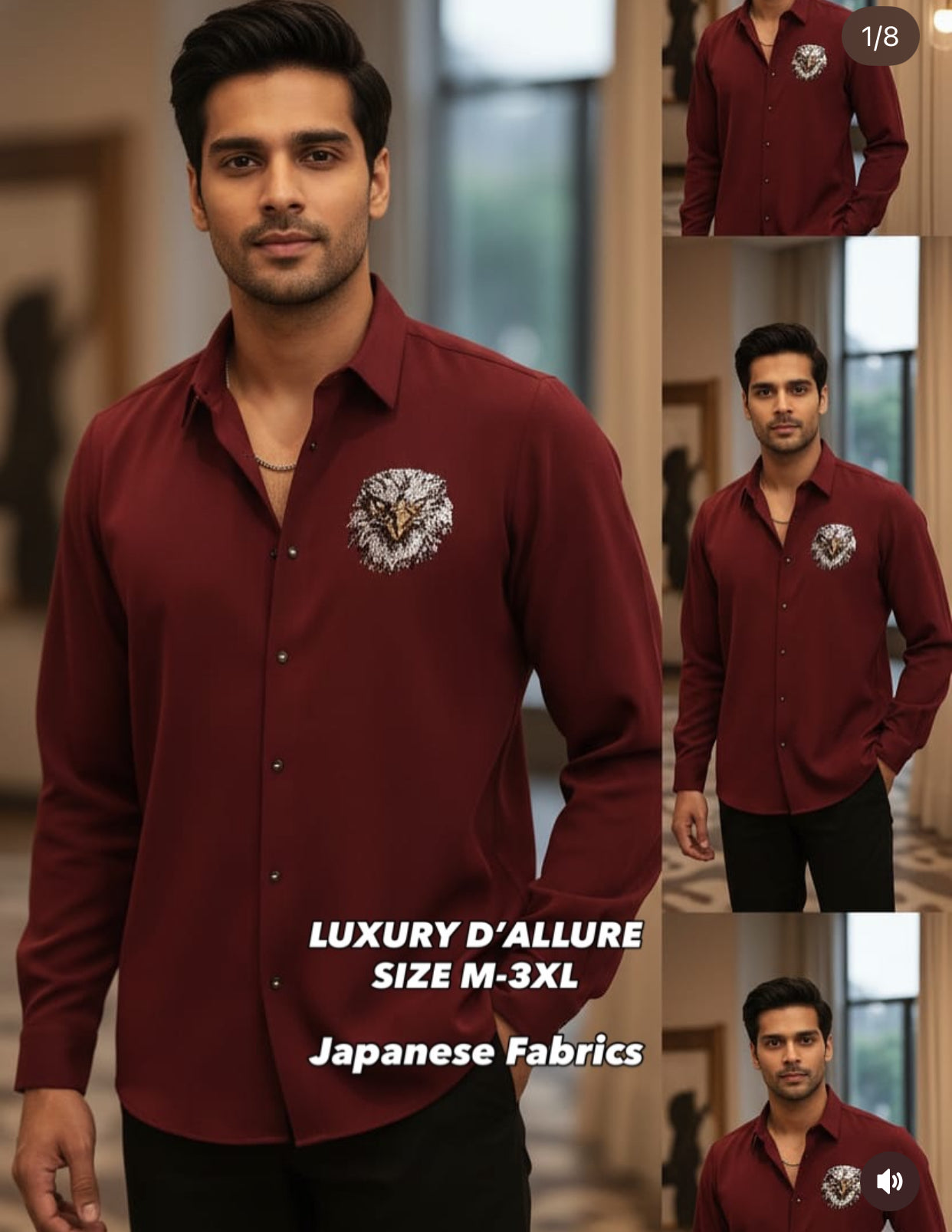 AQUARIUS Maroon Colour Eagle Gold Black White Stud Design Premium Quality Full sleeve Shirt 2571