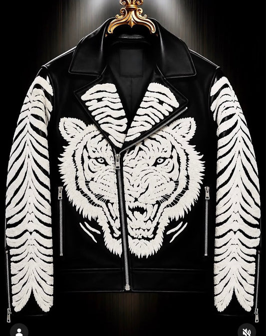 Hot Trousers Black Colour White Lion Embroidery Italian Leather  Imported Jacket 8806-7-A