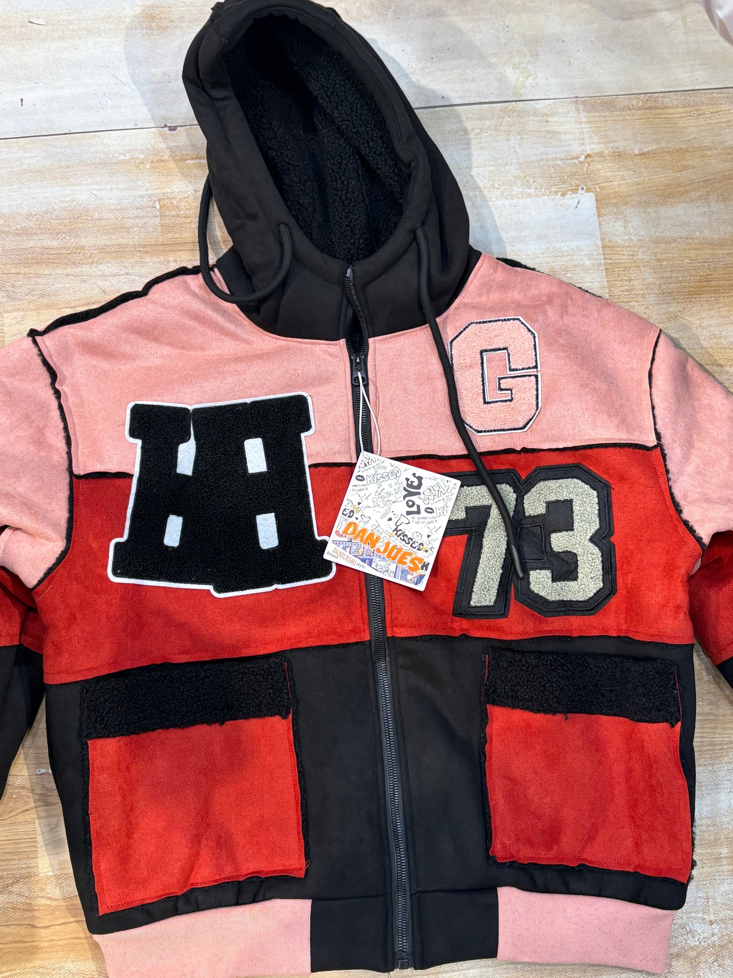 HH G 73 Pink Red Black Colour Heavy Quality Patch Work Hooded Jacket 24535