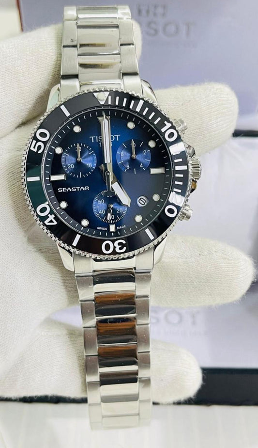 Sit Silver Chain Black Ring Blue Dial Chrono Working Men’s Watch 989583