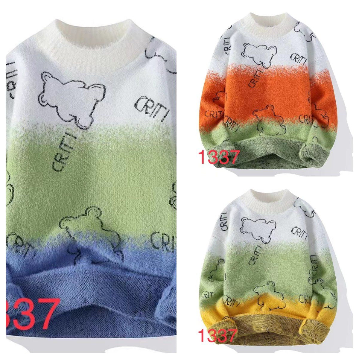 CRITI White Grey Purple Colour Bear Print Winter Men's Sweater Korean Fashion Unisex Sweater 19331